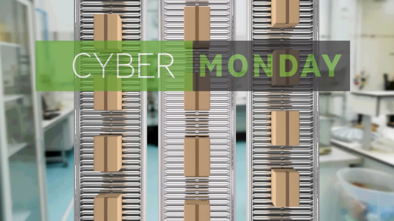 анимация текста киберпонедельника над картонными коробками на конвейерных лентах