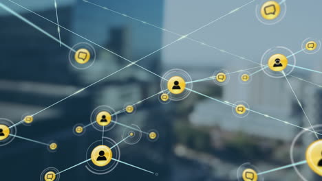 animation of network of connections with people icons over cityscape