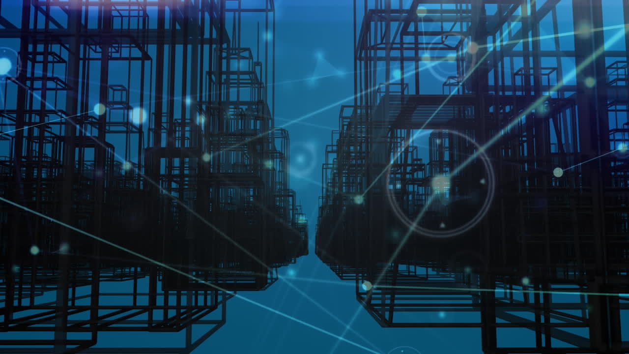 Animation of network of connections with spots over 3d cityscape on blue background