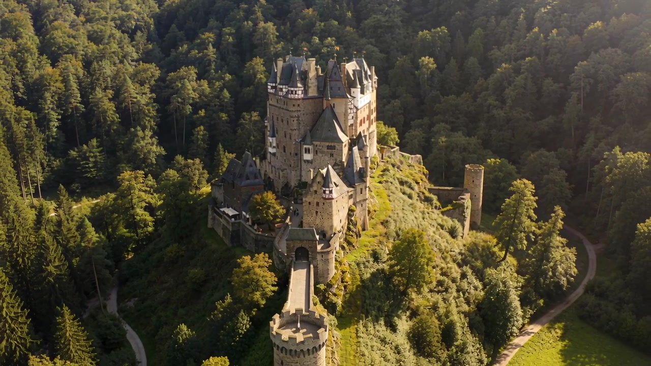 Drone che viene lanciato, planando in avanti e scendendo verso un castello medievale su una collina boscosa, rivelando un ponte.