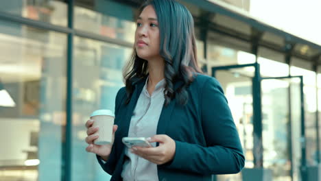 Coffee,-phone-and-business-woman-walking-using