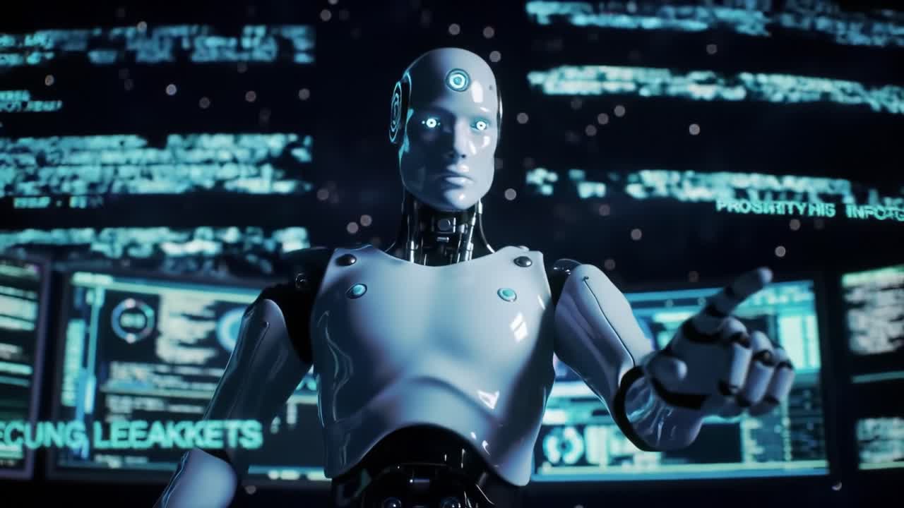 Futuristic humanoid robot operating within a high-tech digital environment, with glowing interfaces and data streaming, showcasing advanced artificial intelligence and technology