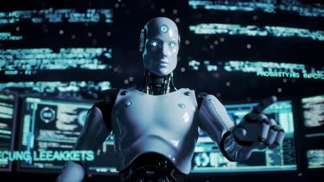 futuristic humanoid robot operating within a high-tech digital environment, with glowing interfaces and data streaming, showcasing advanced artificial intelligence and technology