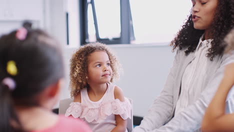 Infant-school-children-sitting-on-chairs-in-a-classroom-talking-with-their-female-teacher,-close-up