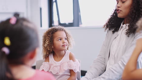 infant school children sitting on chairs in a classroom talking with their female teacher, close up