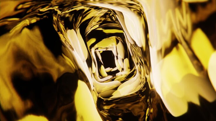 Golden metallic liquid flowing in weightlessness. Infinitely looped animation.
