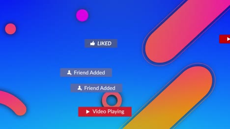 animación de las notificaciones de las redes sociales que se mueven sobre formas naranjas y rosadas, en azul