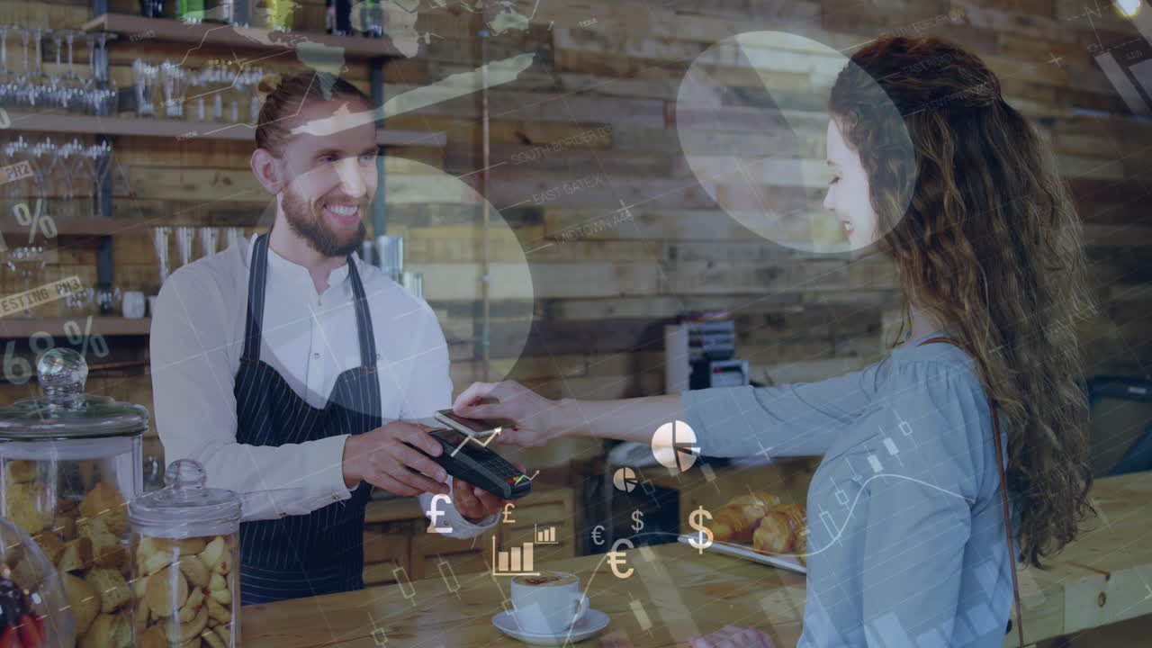 Animazione di elaborazione dati finanziari sullo sfondo di una donna caucasica che paga con la carta in un bar.