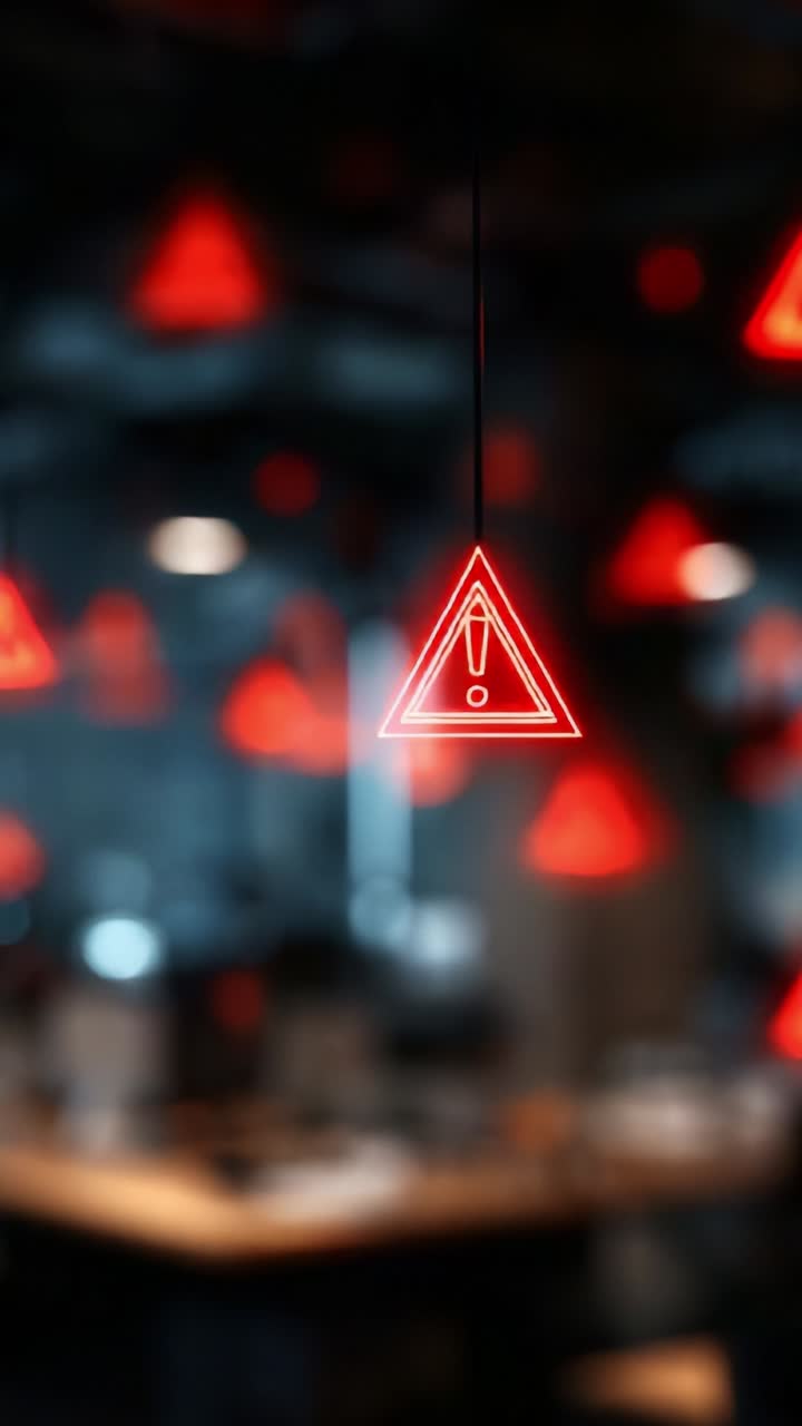 Illuminated Warning Symbols in a Darkened Environment: A Visual Representation of Caution with Red Triangle Signs Hanging Against a Blurred Background