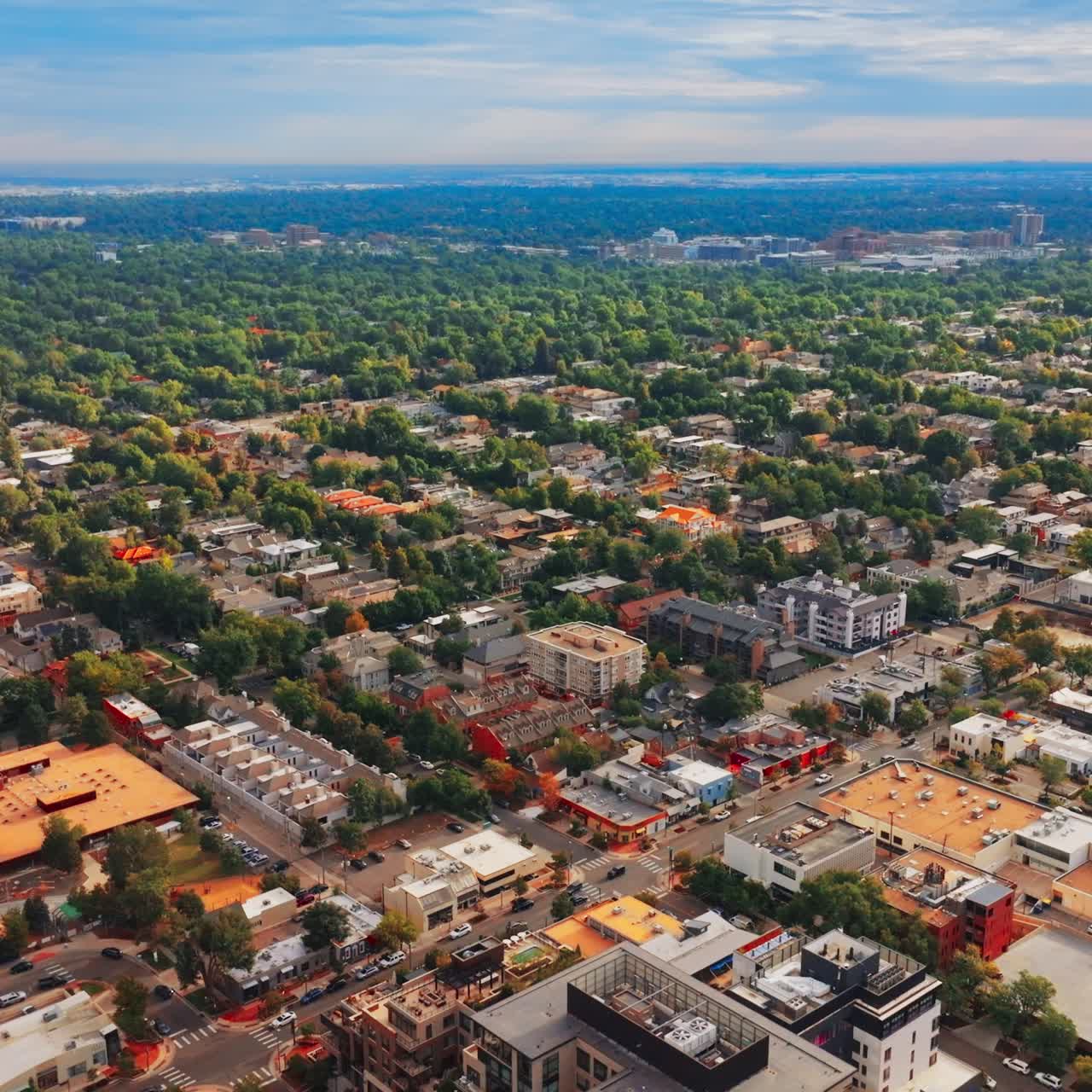 Aerial view of urban Denver cityscapes. American Colorado state panorama city