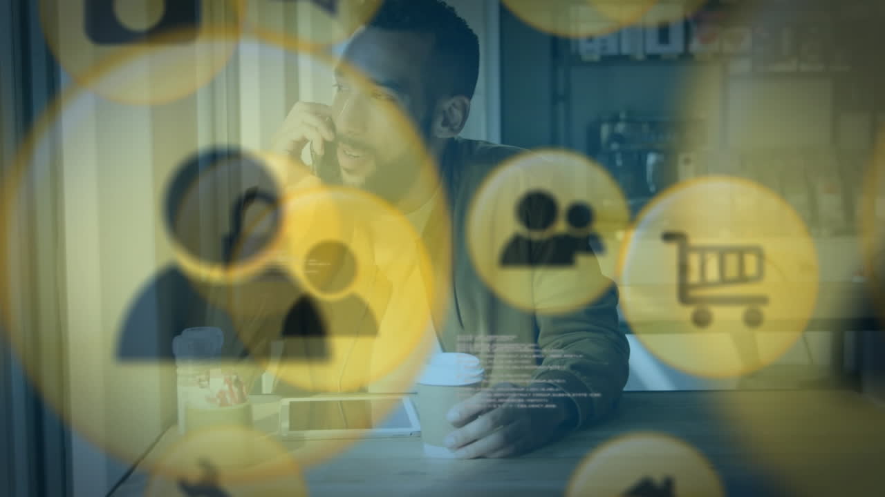 디지털 아이콘과 데이터 처리가 스마트폰으로 말하는 사람과 대결합니다.