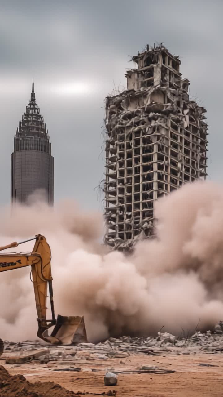 Demolizione in azione: una struttura imponente viene rasa al suolo mentre nuvole di polvere si alzano intorno ai macchinari contro uno skyline cupo