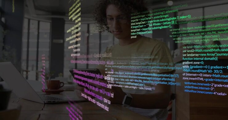 Man tapping tablet in cafe, initiating color code overlays sweeping over face for debugging