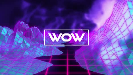 Animation-Von-Wow-Text-über-Digitalen-Bergen-Auf-Schwarzem-Hintergrund