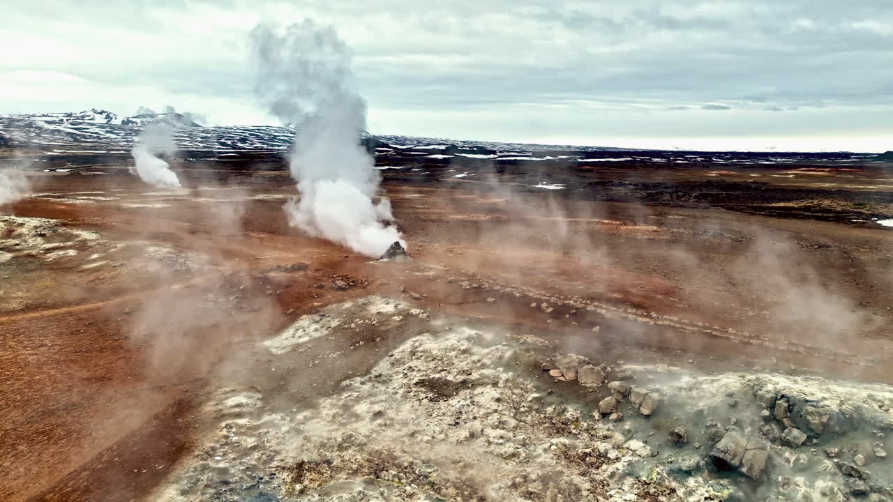 Aerial view over smoking fumaroles in the Hverir geothermal area, in Iceland