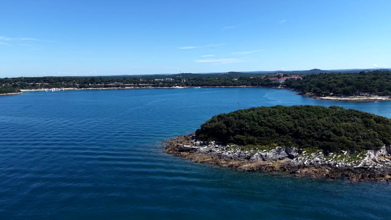 Penisola rocciosa e boscosa si estende nel profondo blu del Mare Adriatico lungo la costa istriana, Croazia, Europa, incorniciata da scogliere calcaree, pini, una lontana città costiera illuminata dal sole. Ampia inquadratura aerea da drone.