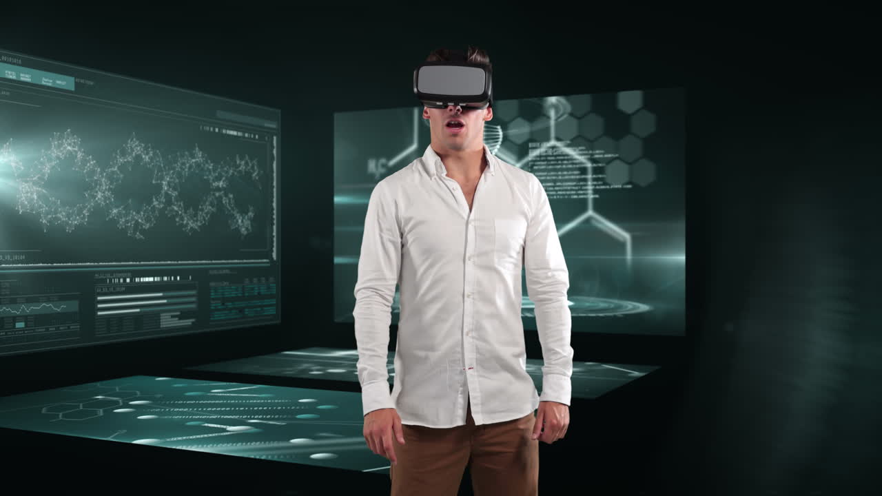 Animation of businessman wearing vr headset over screens with medical data processing