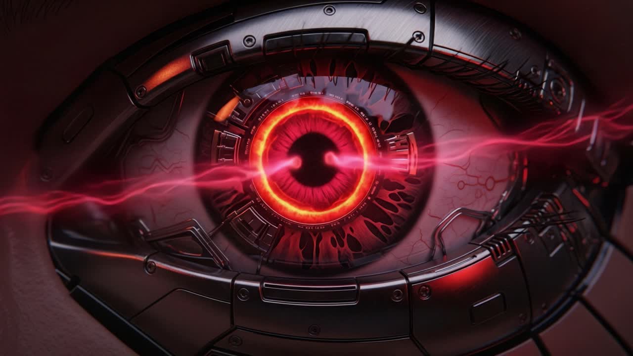A Futuristic Cybernetic Eye Revealing a Pulsating Core with Electric Energy, Symbolizing Advanced Technology and Human-Cyber Interconnection in a Sci-Fi World