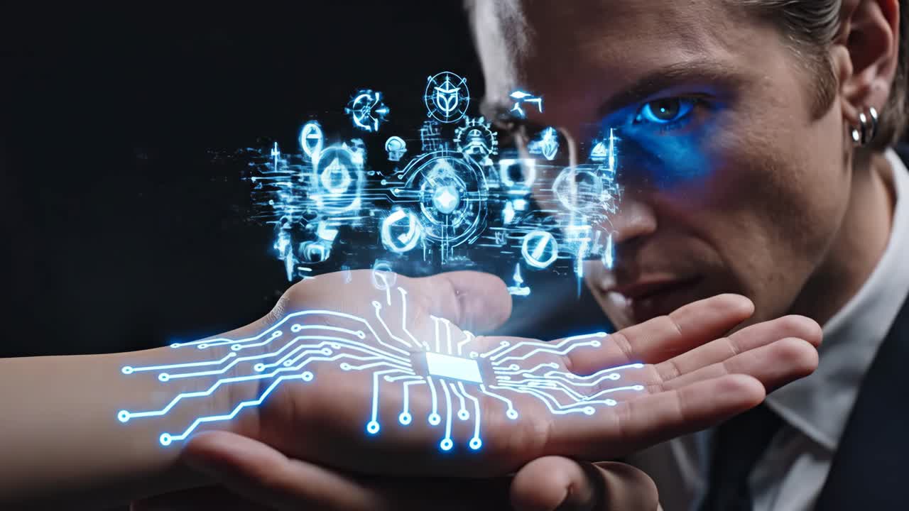 Man interacting with futuristic technology