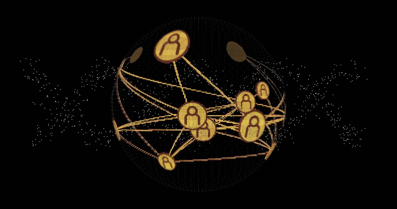 Network globe emerging from void, rotating with discs linking nodes representing global network