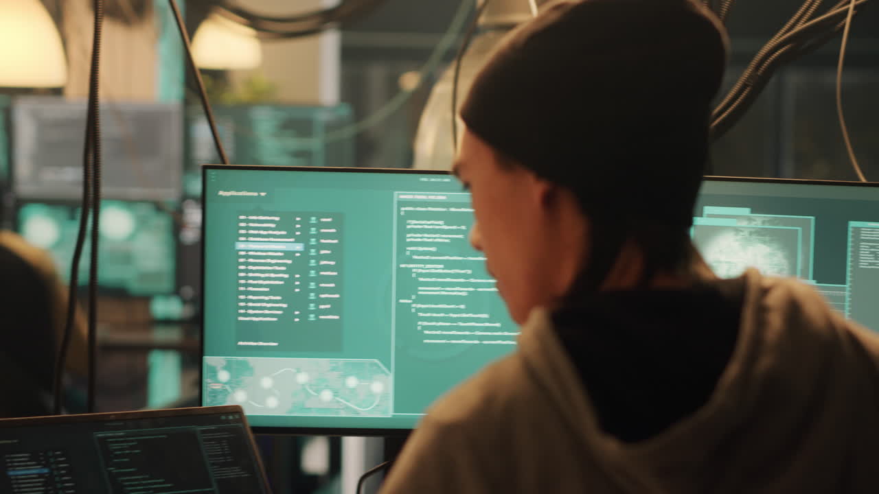 A hacker working on multiple computer screens