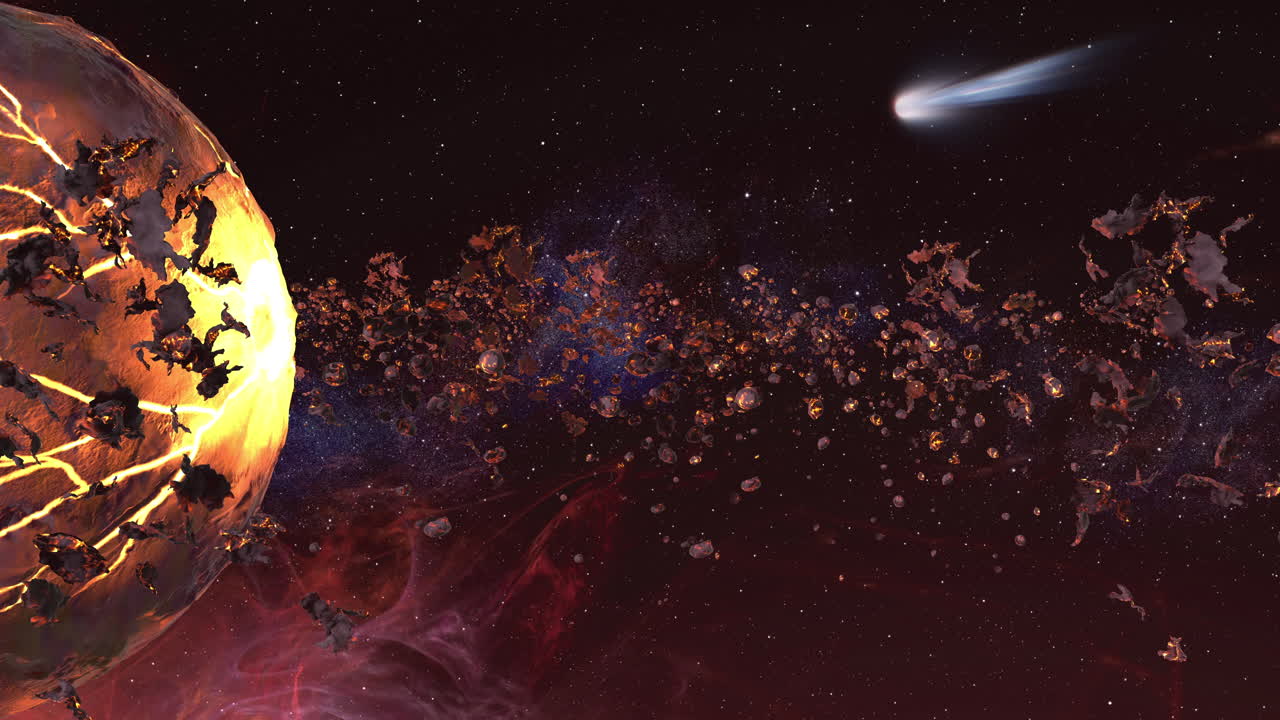 A view of space with a planet, comet and asteroid belt