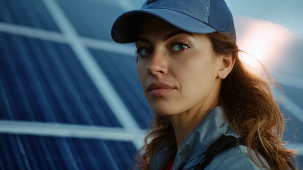 A determined woman stands before solar panels, embodying the future of renewable energy, demonstrating resilience and commitment to sustainability while showcasing modern technology and environmental awareness