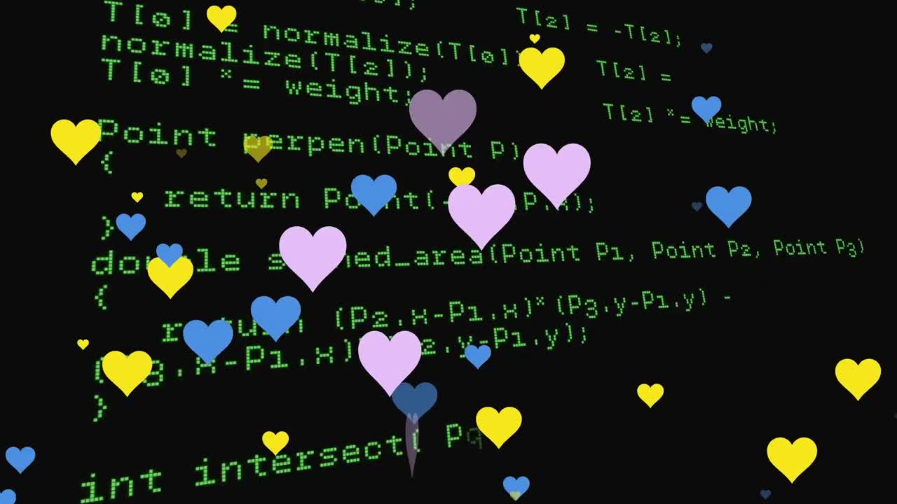 금융 데이터 처리 및 어두운 배경에 떨어지는 마음의 애니메이션