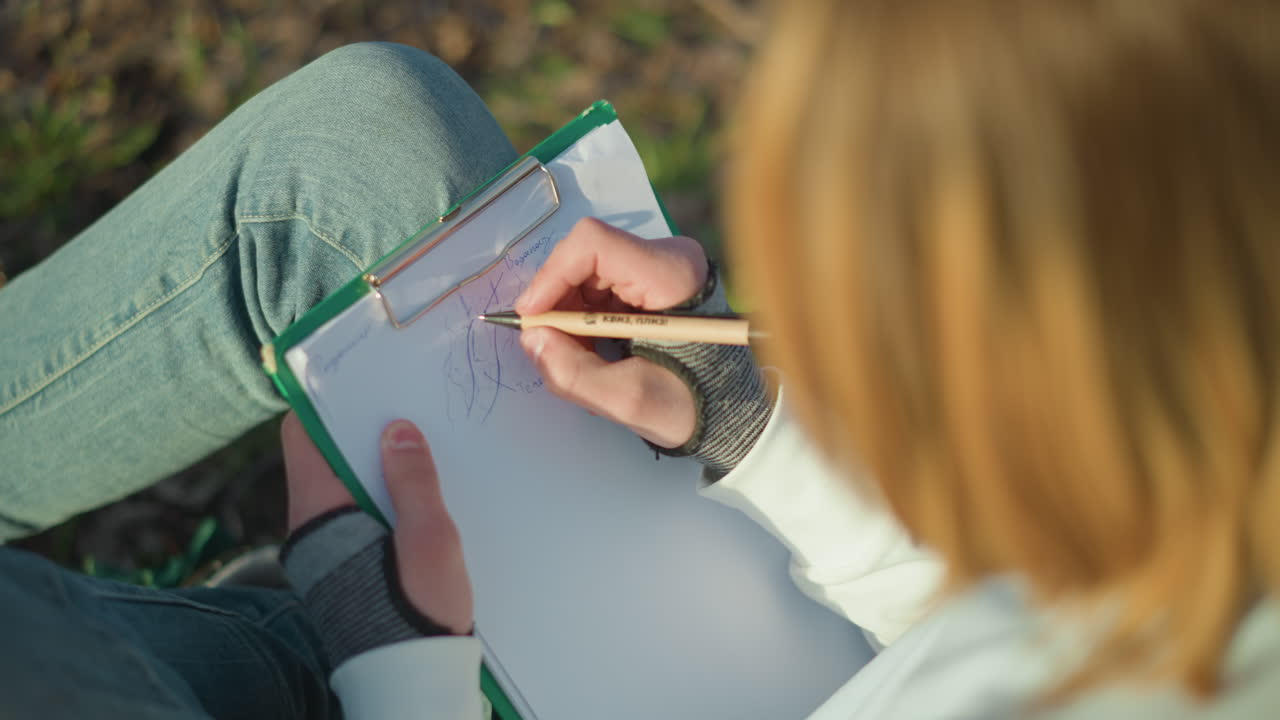 자연 속에서 스케치하는 여성, 화창한 오후에 풀밭에 앉아 스케치하는 여성 화가, 풀밭에 앉아 연필로 자연 풍경을 담아내는 캐주얼 복장의 여성