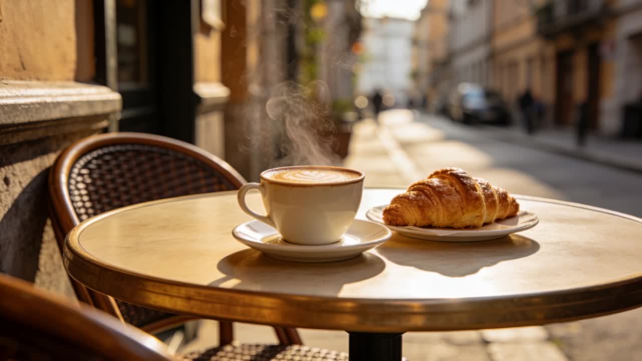 Tavolino da caffè che mostra una tazza su piattino fumante di bevanda calda, cornetto su terrazza assolata