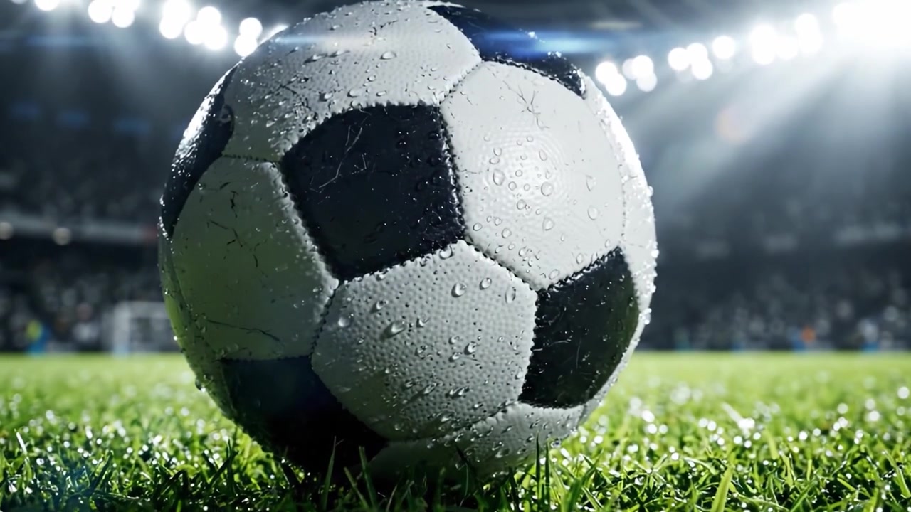 Eine fesselnde Nahaufnahme eines nassen Fußballs auf dem saftig grünen Rasen eines Sportplatzes, beleuchtet von hellen Stadionlichtern, die eine berauschende Atmosphäre für das Spiel schaffen.