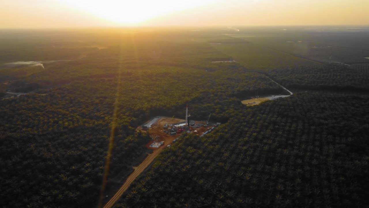 imágenes cinematográficas de drones de 4k de la estructura del equipo de la plataforma de perforación en tierra para la exploración y explotación de petróleo en medio de la jungla rodeada de palmeras durante la puesta de sol y el alto precio del petróleo