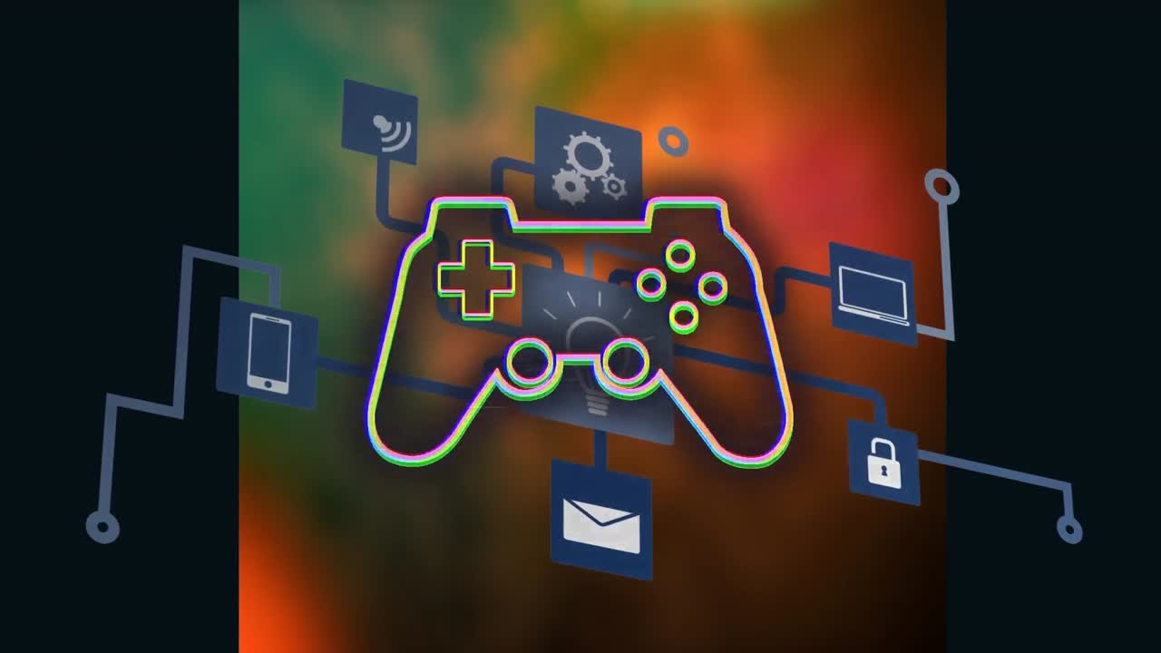 Animation of media icons over gamepad icon and shapes
