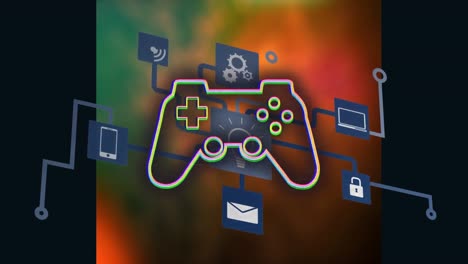 animation of media icons over gamepad icon and shapes