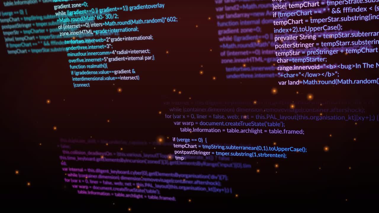 Camera pulling back code columns panning and sharpening as orange particles drifting revealing code