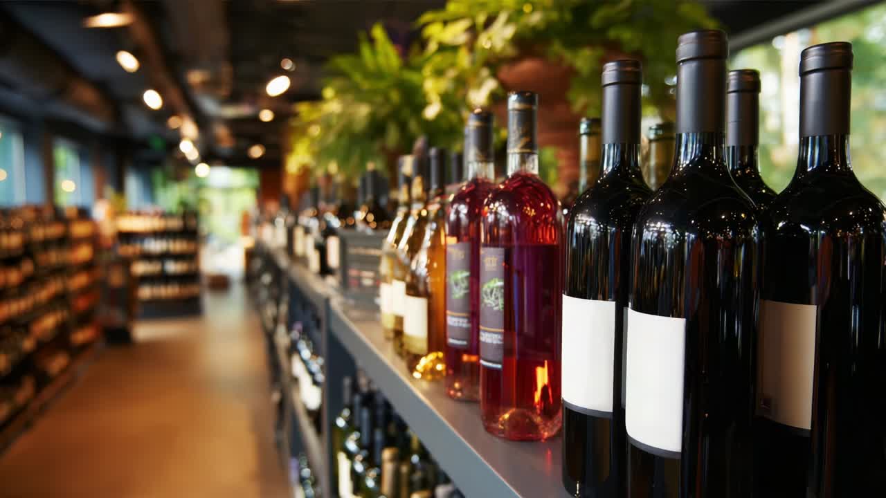 A Captivating Display of Various Wine Bottles in a Elegant Retail Setting, Showcasing Diverse Colors and Labels, Surrounded by Lush Greenery and Tastefully Designed Shelving for Wine Enthusiasts