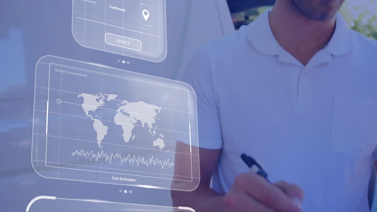 animación de procesamiento de datos a través de pantallas y mensajero caucásico con portapapeles