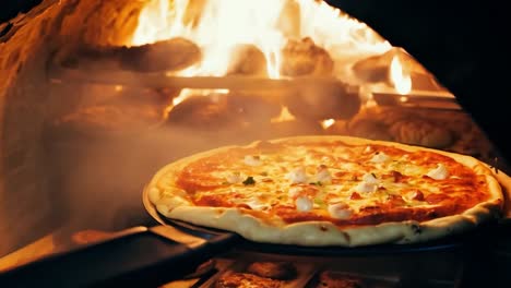 pizza baking in a wood fired oven