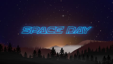 día espacial con estrellas en movimiento en el cielo y bosque con montañas