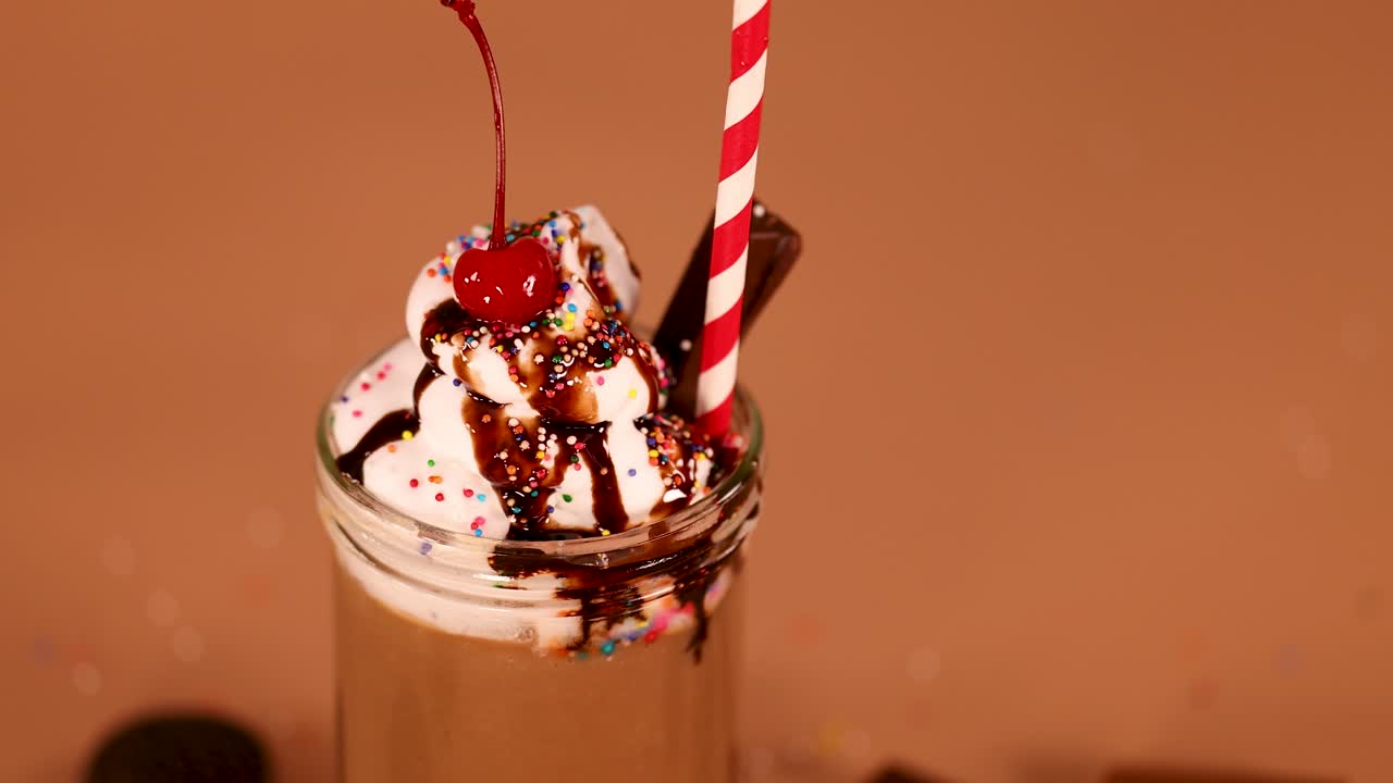 Hand inserting striped straw into chocolate milkshake with whipped cream and cherry on top