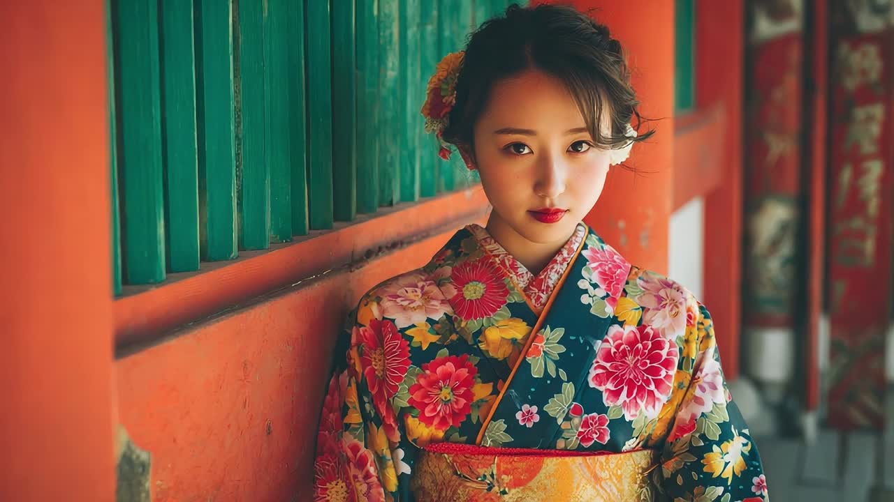 Young woman in traditional kimono standing against colorful wall