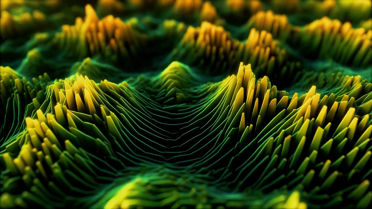 Abstract 3D Wave Motion with Green and Yellow Particles