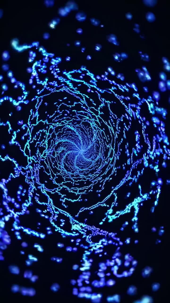 Una vista video dall'alto ipnotizzante di luci al neon blu vorticose che formano un motivo a vortice.
