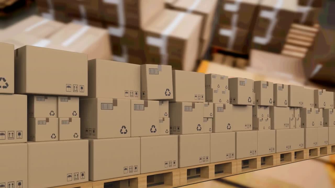 창고 위에서 컨베이어 벨트에 움직이는 카드보드 상자의 애니메이션