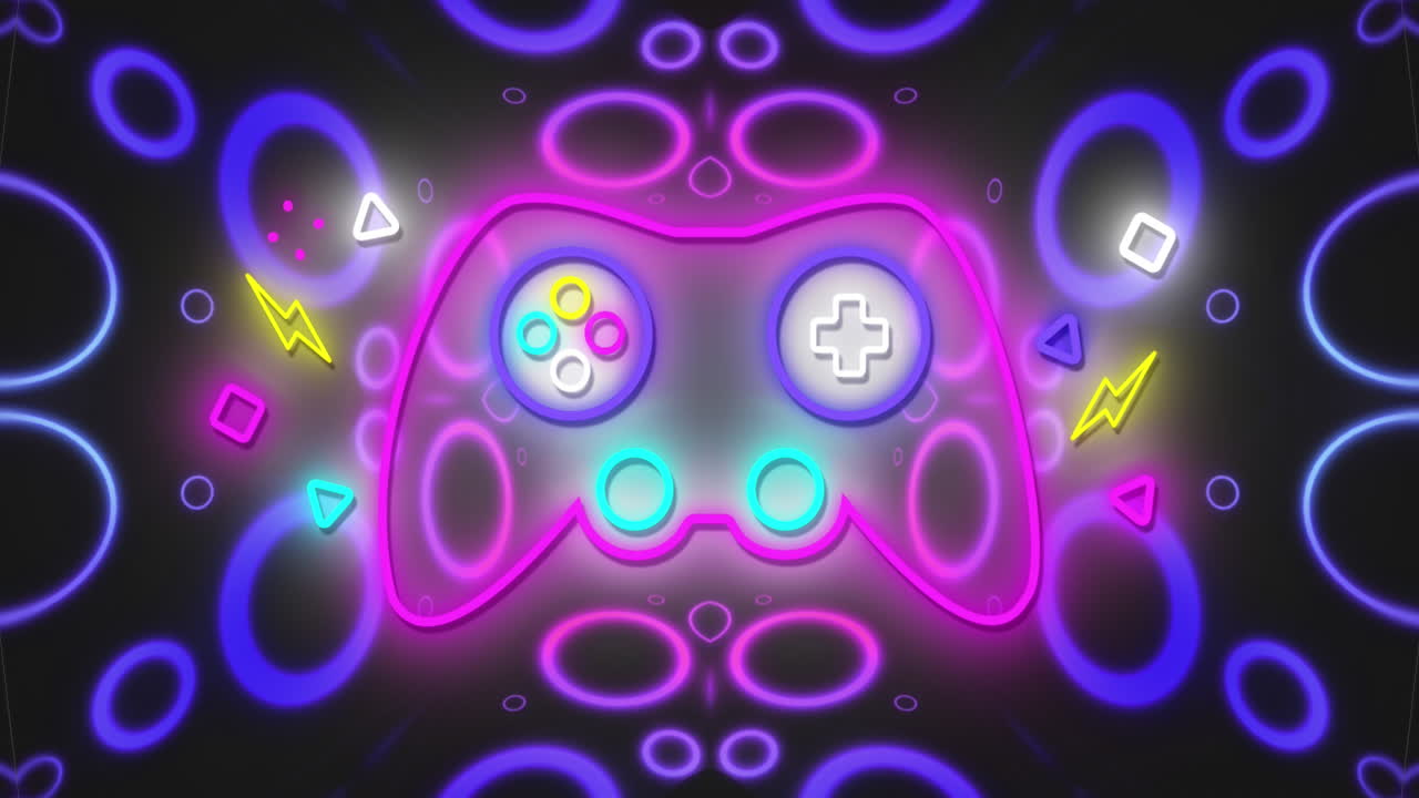 검은색 배경에 네온 원과 모양 위에 네온 게임 패드의 애니메이션
