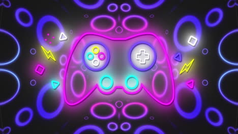 animación de la almohadilla de juego de neón sobre círculos y formas de neón sobre fondo negro