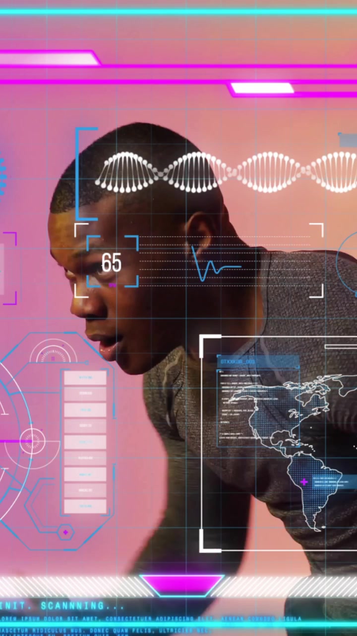Animation of screens with data processing over african american man running
