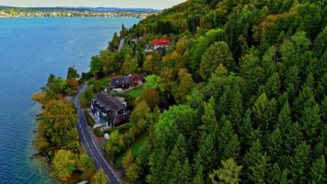 Carretera-Aérea-Y-Casas-Junto-Al-Lago-Cerca-Del-Lago-De-Agua-Dulce,-Denso-Bosque-Verde