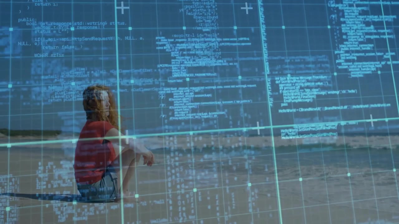 Woman sitting on sand gazing horizon, overlay activating transparent code gridlines for tech theme