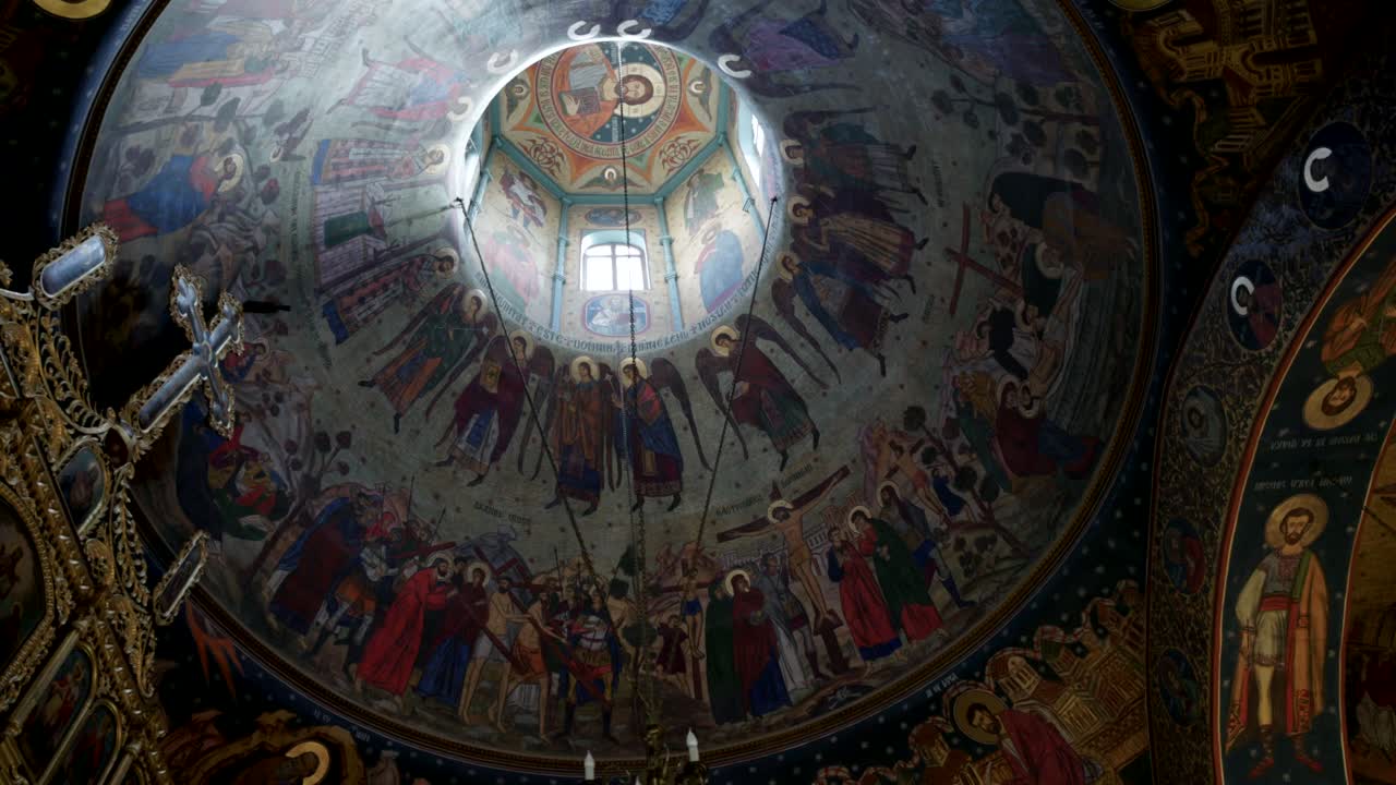 Interior Dome Frescoes Of Orthodox Church. - low angle shot